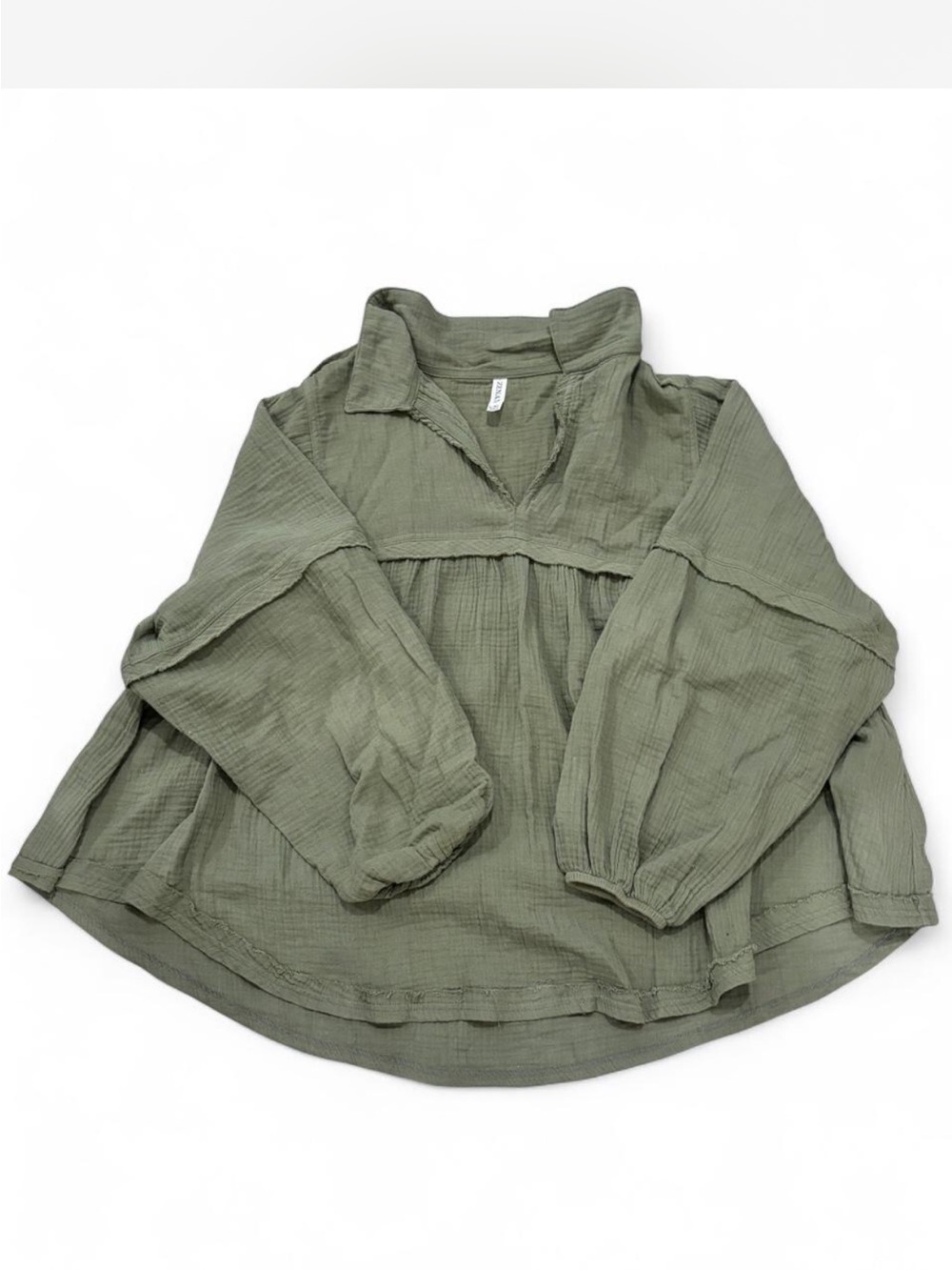 Zenana Outfitters Olive Green Gauze Peasant Blouse